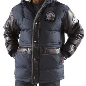Pelle Pelle Elite Series Black & Blue Mixed Media Puffer Jacket Leather Sleeves